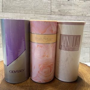 Vintage Avon Lot of 3 Avon Vanilla, Pearls/Lace,Odyssey 2.6 Oz NEW  Perfume Talc